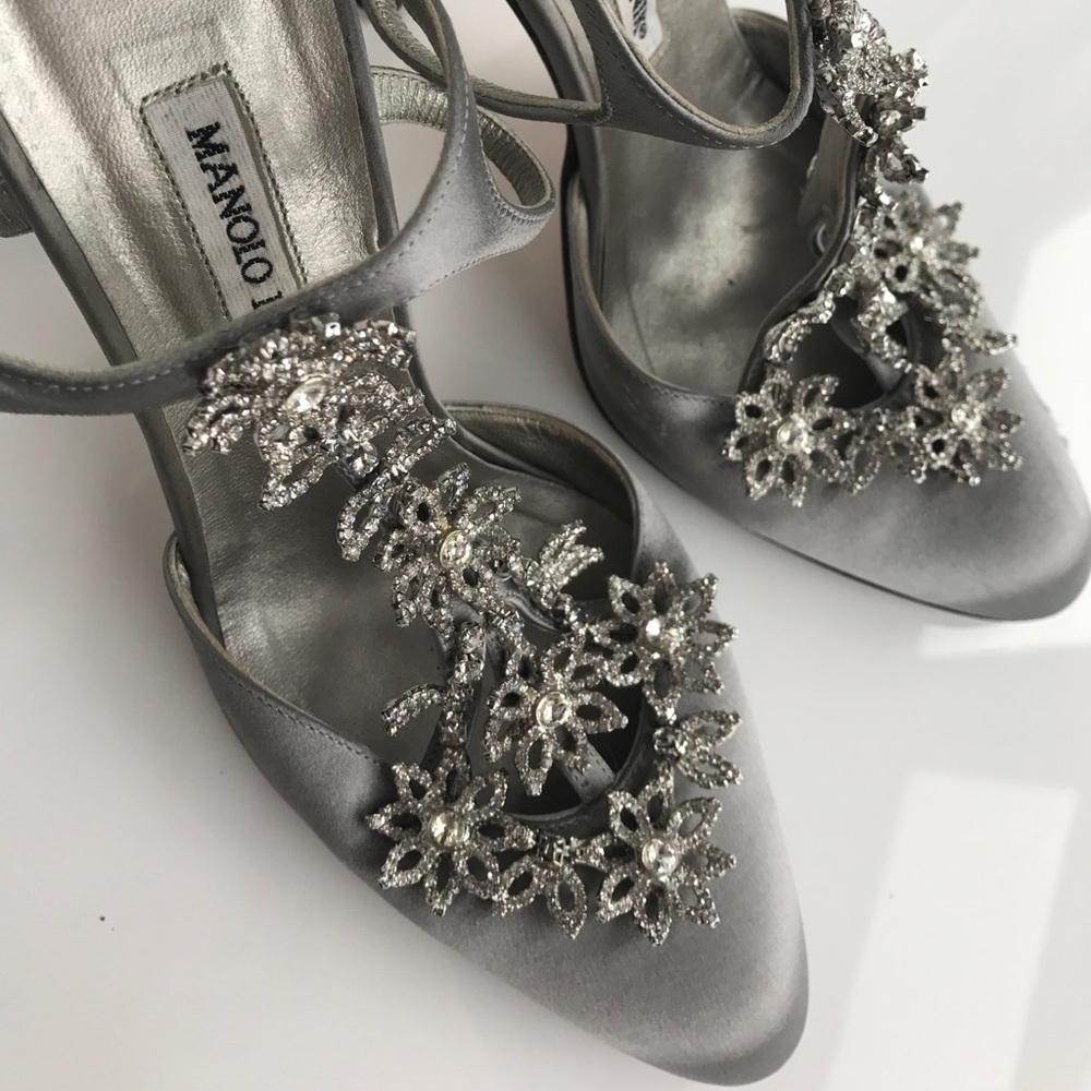 Manolo Blahnik Silver Satin Jeweled Flowers!!